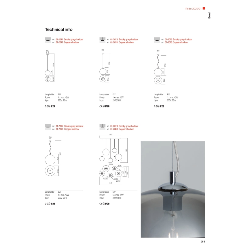 Redo 01-2080 - Pendel BOWL 5xE27/42W/230V kobber
