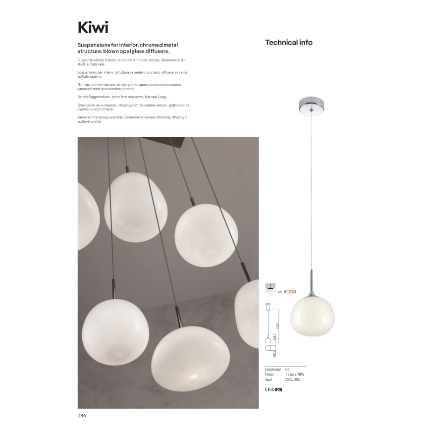 Redo 01-2081 - Pendel med wire KIWI 1xG9/40W/230V Ø 12 cm, blank krom/hvid
