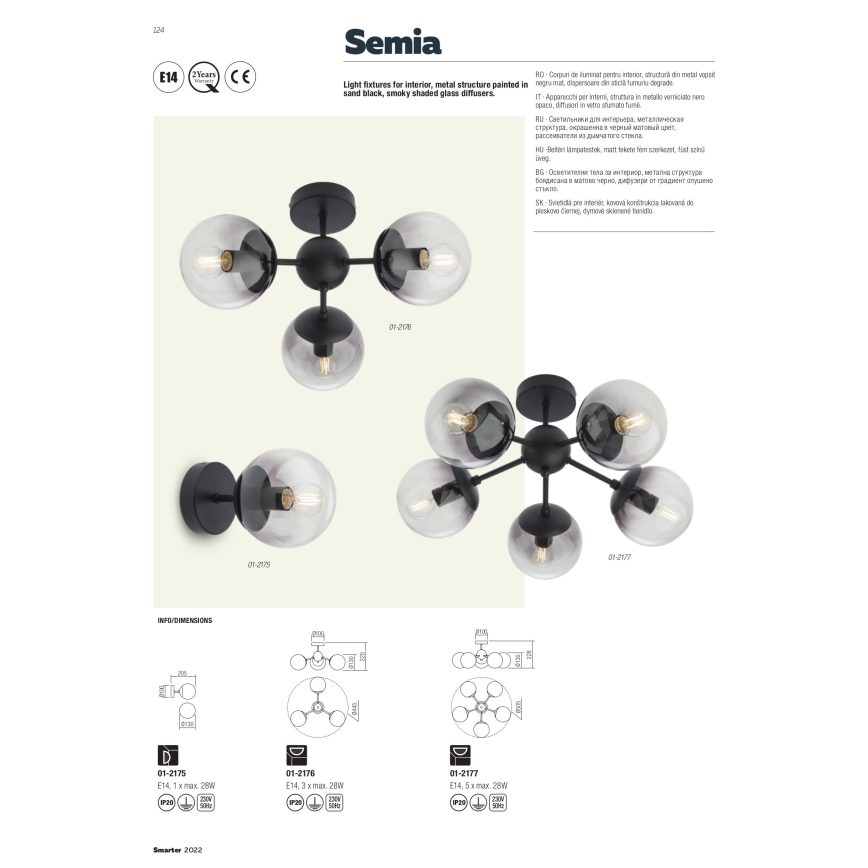 Redo 01-2176 - Loftlampe på stang SEMIA 3xE14/28W/230V sort/røgfarvet