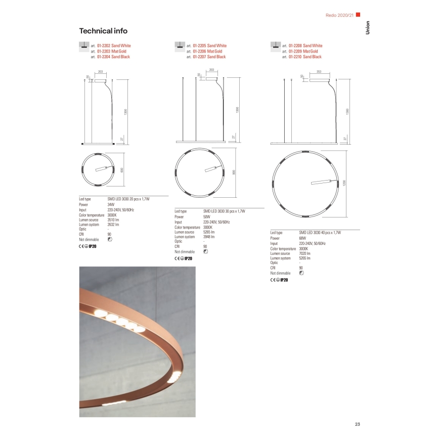 Redo 01-2207 - LED pendel UNION LED/50W/230V CRI 90 3000K diameter 90 cm sort