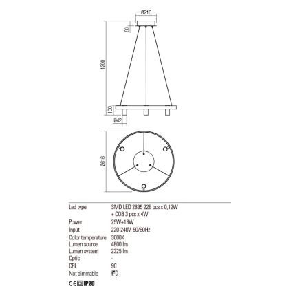 Redo 01-2490 - LED pendel SUMMIT LED/38W/230V CRI 90 diameter 61,6 cm guldfarvet