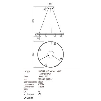 Redo 01-2492 - LED pendel SUMMIT LED/53,5W/230V CRI 90 diameter 80,8 cm guldfarvet