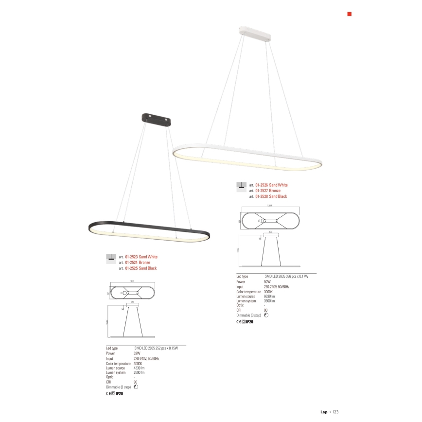 Redo 01-2523 - LED pendel dæmpbar LAP LED/32W/230V CRI 90 hvid