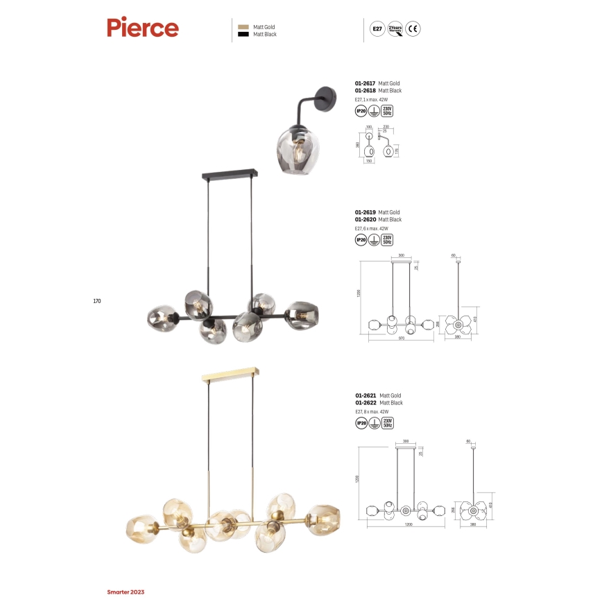 Redo 01-2622 - Pendel PIERCE 8xE27/42W/230V sort/røget