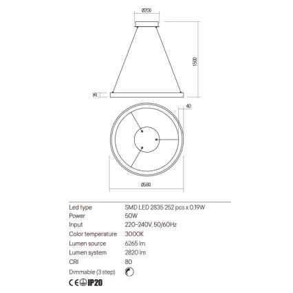 Redo 01-2673 - LED pendel dæmpbar ICONIC LED/50W/230V diameter 58 cm guldfarvet