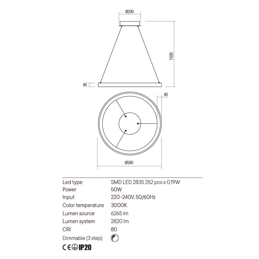 Redo 01-2674- LED pendel dæmpbar ICONIC LED/50W/230V diameter 58 cm sort