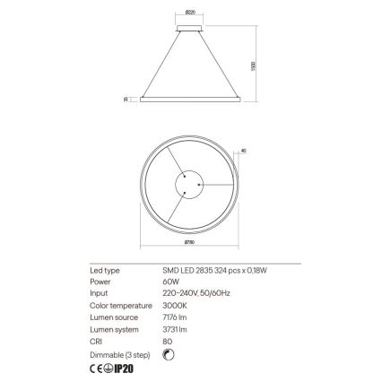 Redo 01-2676 - LED pendel dæmpbar ICONIC LED/60W/230V diameter 78 cm guldfarvet