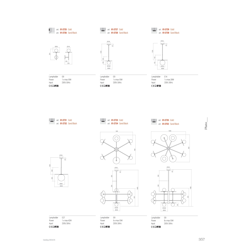 Redo 01-2734 - Pendellampe PLATO 6xG9/10W/230V sort
