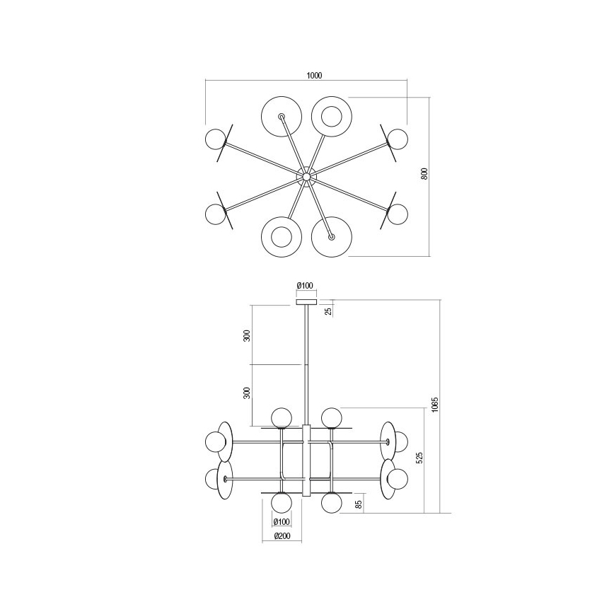 Redo 01-2735 - Lysekrone på stang PLATO 8xG9/10W/230V, guldfarvet