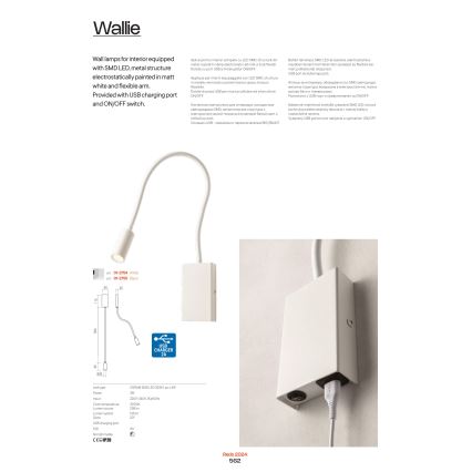 Redo 01-2754 - LED væglampe WALLIE LED/3W/230V USB CRI 90 hvid