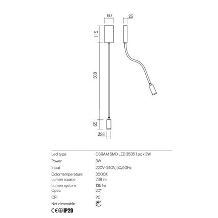 Redo 01-2754 - LED væglampe WALLIE LED/3W/230V USB CRI 90 hvid