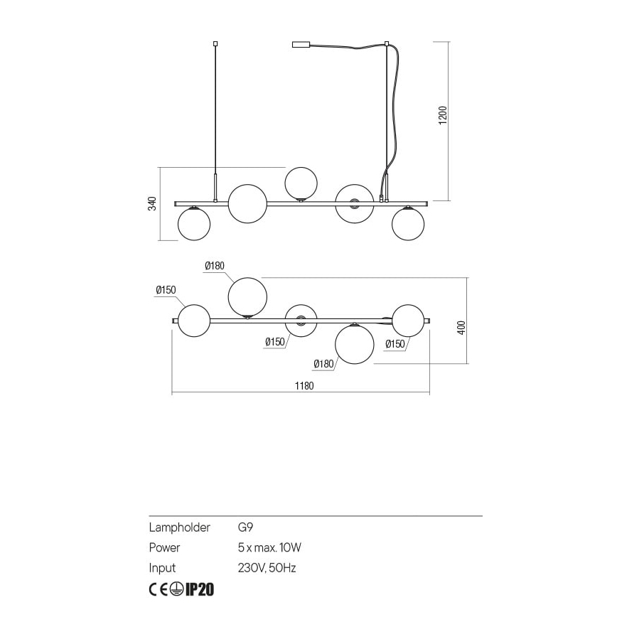Redo 01-2779 - Pendellampe ROY 5xG9/10W/230V