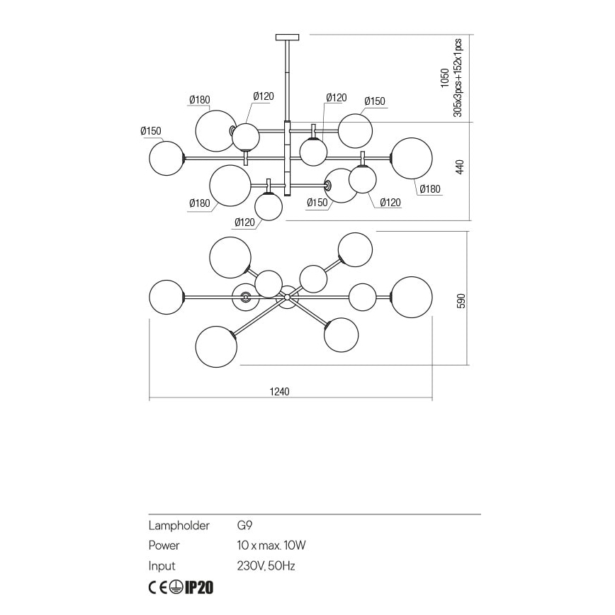 Redo 01-2781 - Pendellampe ROY 10xG9/10W/230V