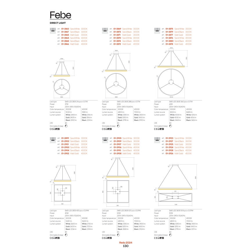 Redo 01-2865 - Dæmpbar LED-pendel med kabelophæng FEBE LED/37W/230V guldfarvet