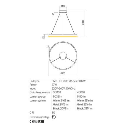 Redo 01-2865 - Dæmpbar LED-pendel med kabelophæng FEBE LED/37W/230V guldfarvet