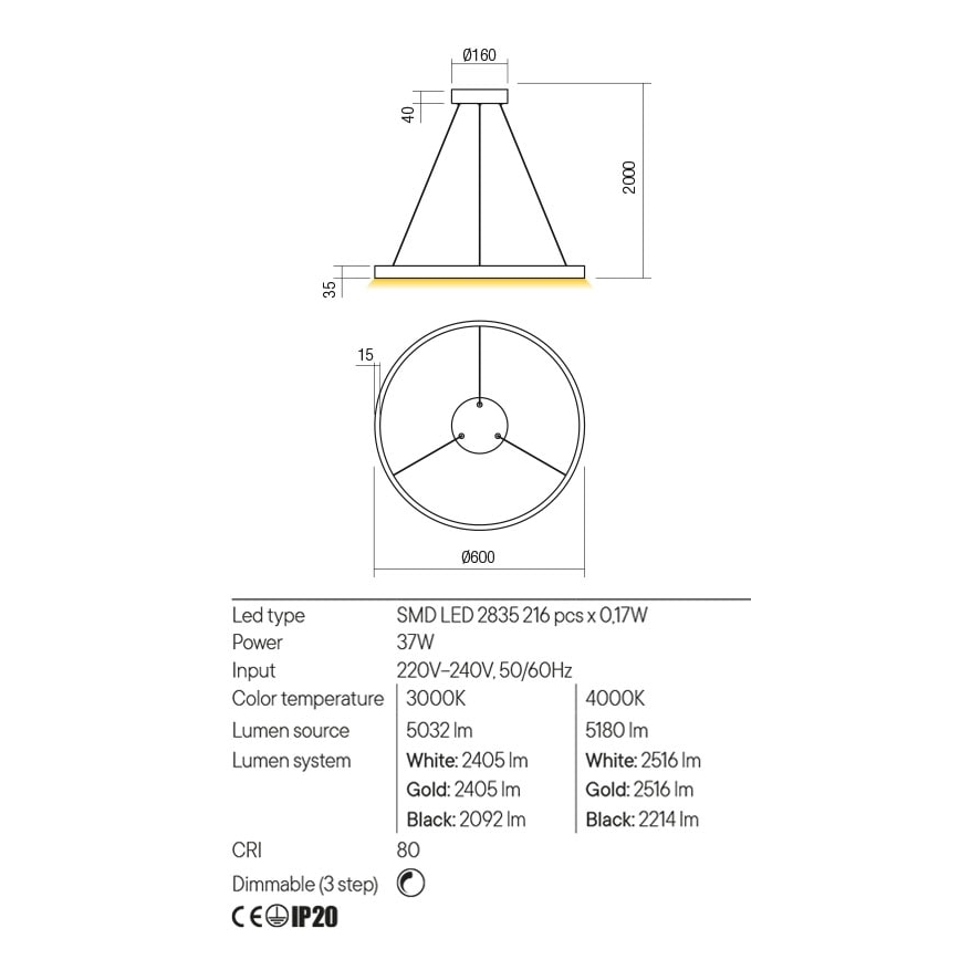 Redo 01-2865 - Dæmpbar LED-pendel med kabelophæng FEBE LED/37W/230V guldfarvet