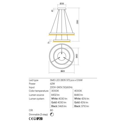 Redo 01-2889 - Dæmpbar LED-lysekrone på wire FEBE LED/62W/230V guld