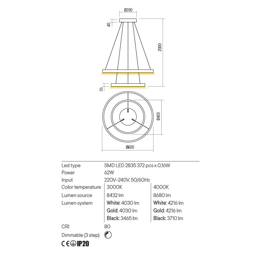 Redo 01-2889 - Dæmpbar LED-lysekrone på wire FEBE LED/62W/230V guld