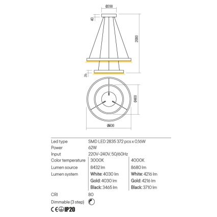 Redo 01-2889 - LED pendel dæmpbar FEBE LED/62W/230V guldfarvet