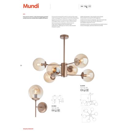 Redo 01-2943 - Lysekrone på stang MUNDI 6xE14/28W/230V kobber/røget