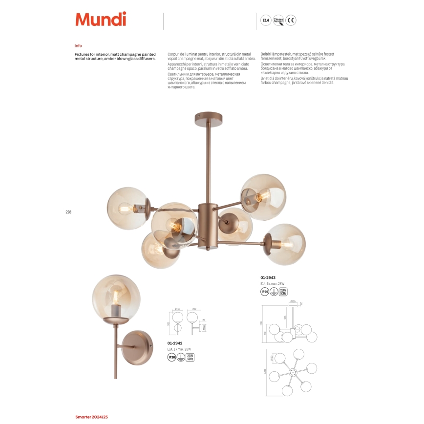 Redo 01-2943 - Lysekrone på stang MUNDI 6xE14/28W/230V kobber/røget