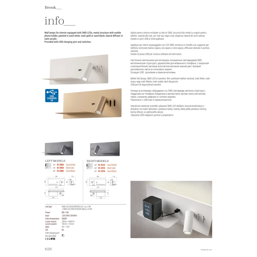 Redo 01-2985 - LED vægspot BROOK LED/8W/230V + LED/3W USB CRI 90 sort venstre