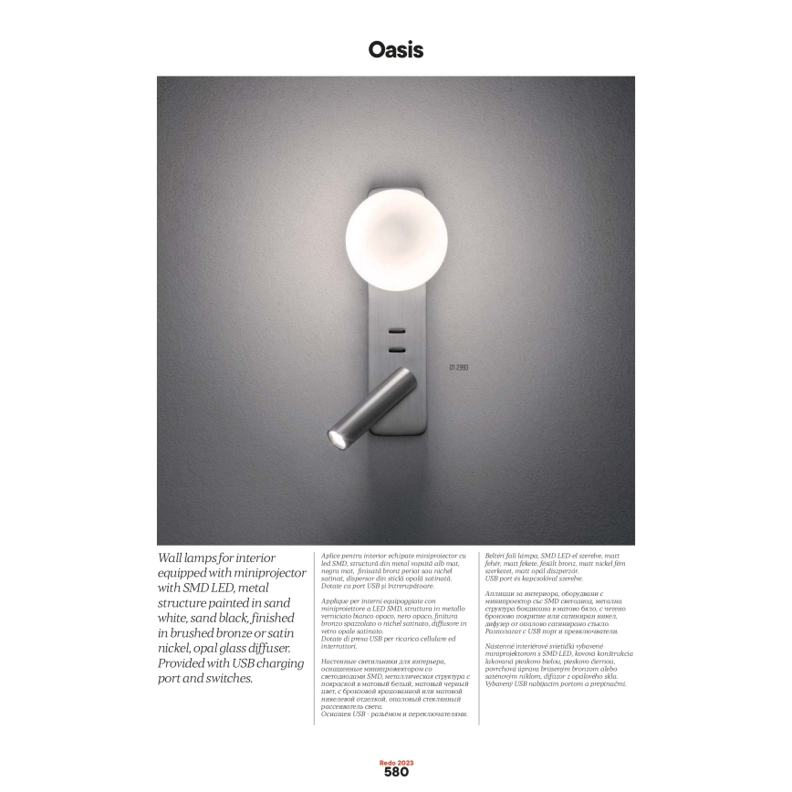 Redo 01-2994 - LED væglampe OASIS LED/3W/230V + 1xG9/10W USB CRI 90 sort