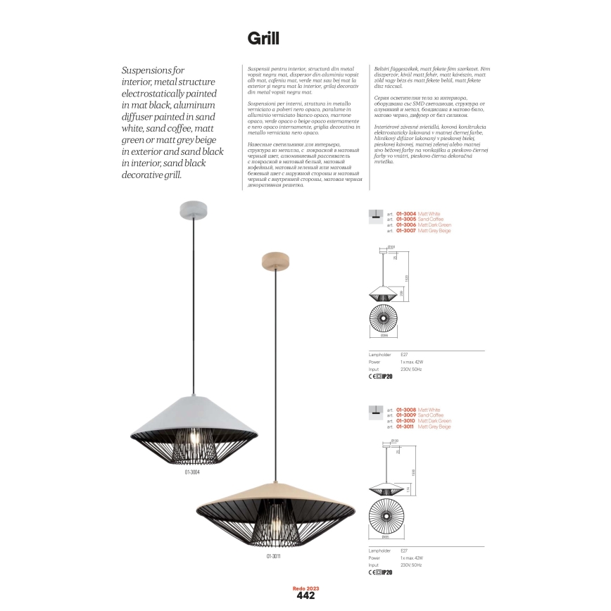 Redo 01-3004 - Kabelpendel GRILL 1xE27/42W/230V Ø 39,6 cm sort/hvid