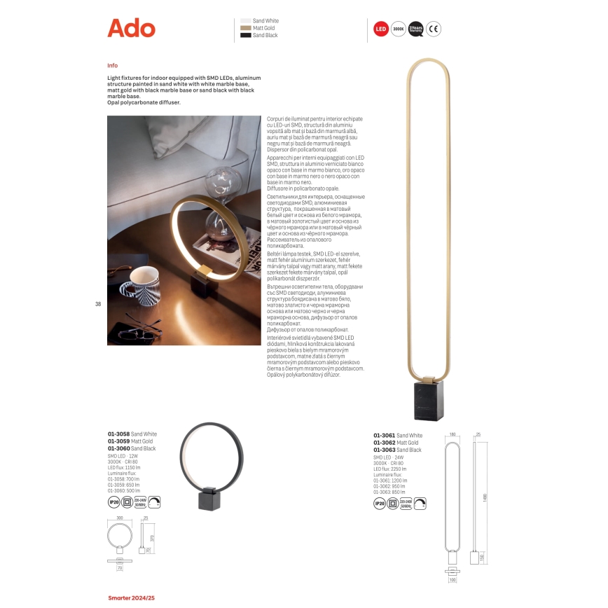 Redo 01-3062 - LED gulvlampe dæmpbar ADO LED/24W/230V guldfarvet