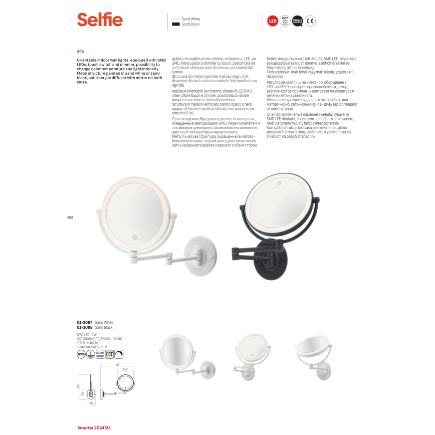 Redo 01-3087 - LED kosmetikspejl m. touch-funktion dæmpbar SELFIE LED/7W/230V 3000/4000/6000K hvid