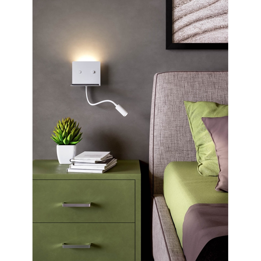 Redo 01-3210 - LED væglampe med flexible lille lampe MOKA LED/6W + LED/3W/230V USB CRI90 hvid