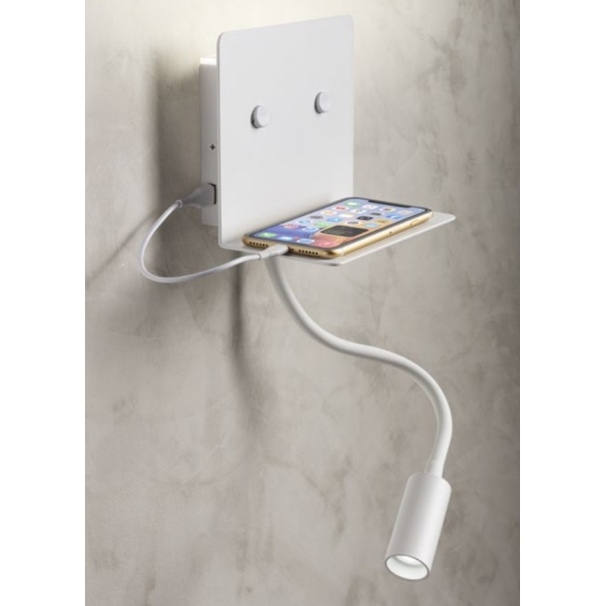 Redo 01-3210 - LED væglampe med flexible lille lampe MOKA LED/6W + LED/3W/230V USB CRI90 hvid