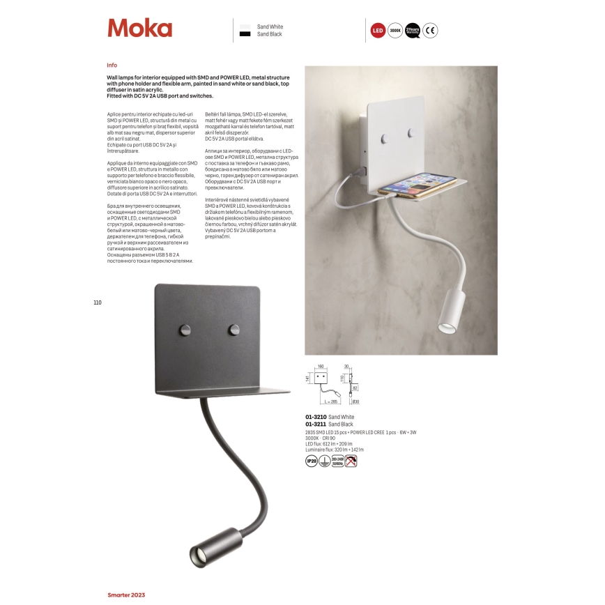 Redo 01-3211 - LED væglampe med flexible lille lampe MOKA LED/6W + LED/3W/230V USB CRI90 sort