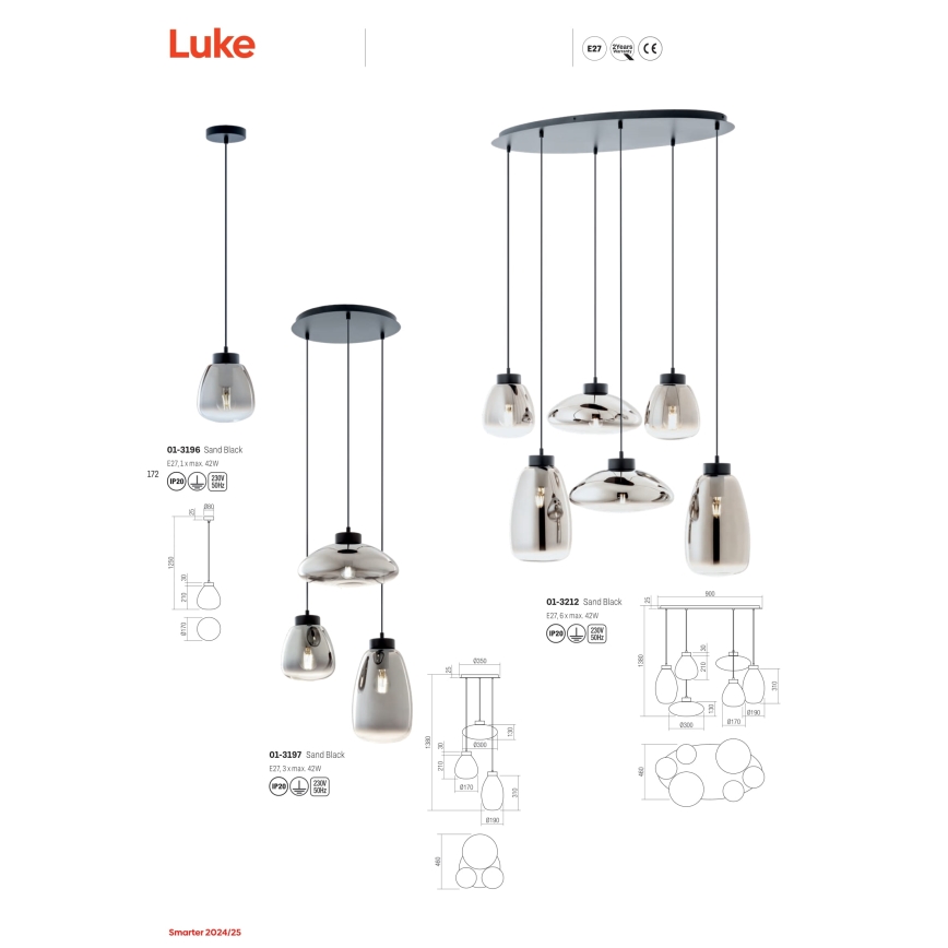 Redo 01-3212 - Pendel LUKE 6xE27/42W/230V sort