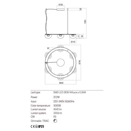 Redo 01-3247- LED pendel dæmpbar SINCLAIR LED/37,2W/230V CRI 93 IP21 guldfarvet