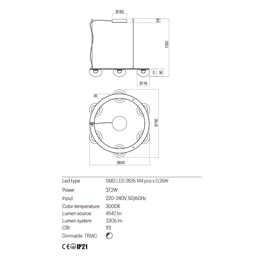 Redo 01-3247- LED pendel dæmpbar SINCLAIR LED/37,2W/230V CRI 93 IP21 guldfarvet