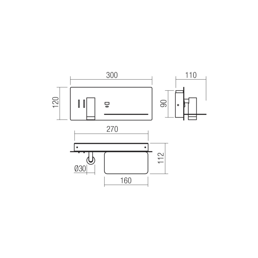 Redo 01-3316 - LED vægspot BROOK LED/8W/230V + LED/3W USB CRI 90 sort højre