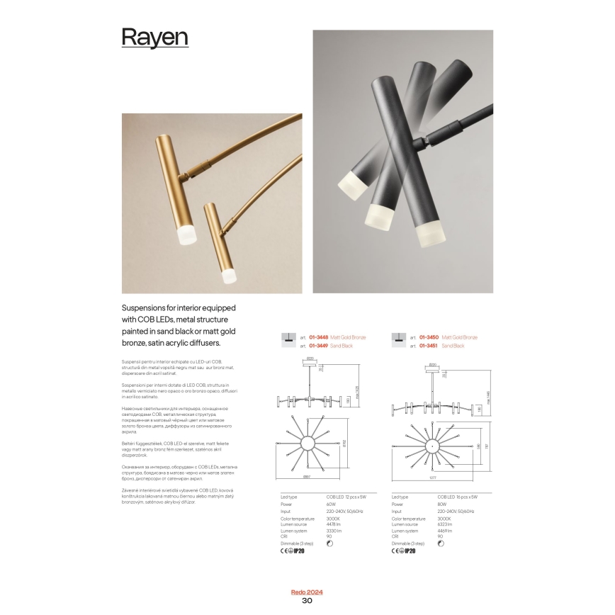 Redo 01-3448 - LED-dæmpbar lysekrone med stang RAYEN LED/60W/230V CRI 90 guld