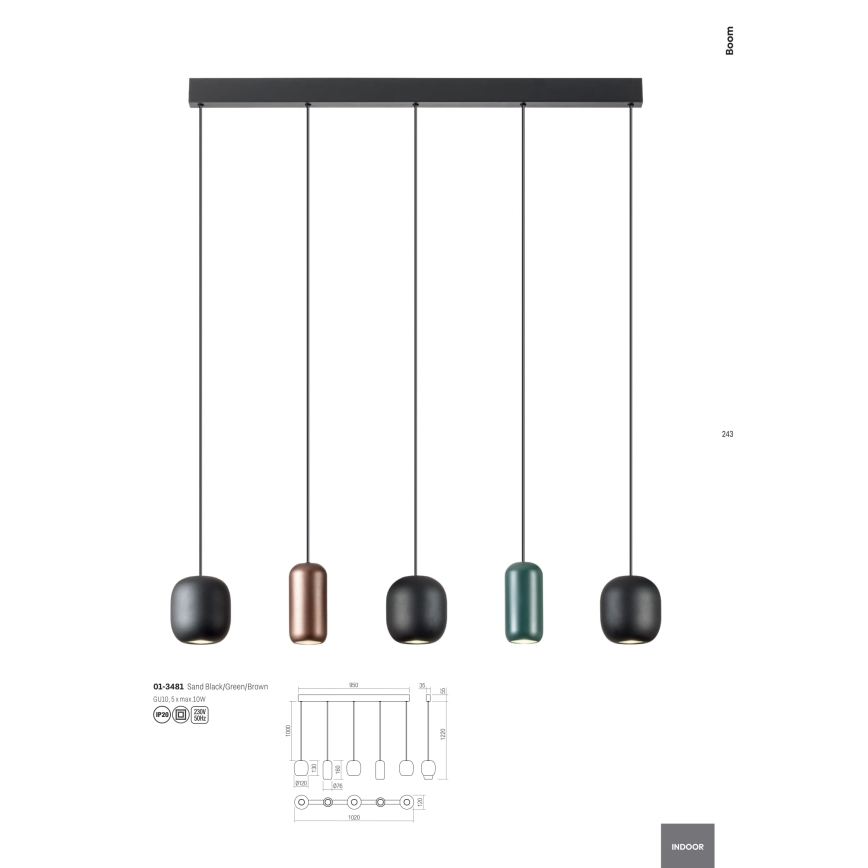 Redo 01-3481 - Pendel BOOM 5xGU10/10W/230V sort/grøn/brun