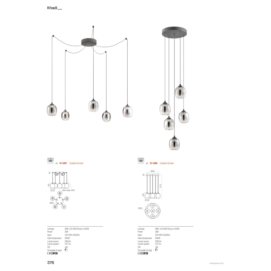 Redo 01-3488 - LED dæmpbar pendel med wire KHADI 5xLED/5,2W/230V CRI 90 Ø 43 cm sort/røget