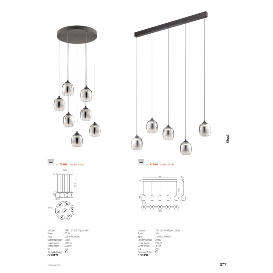 Redo 01-3489 - LED-dæmpbar pendel med wireophæng KHADI 7xLED/5W/230V CRI 90 Ø 52 cm sort/røgfarvet
