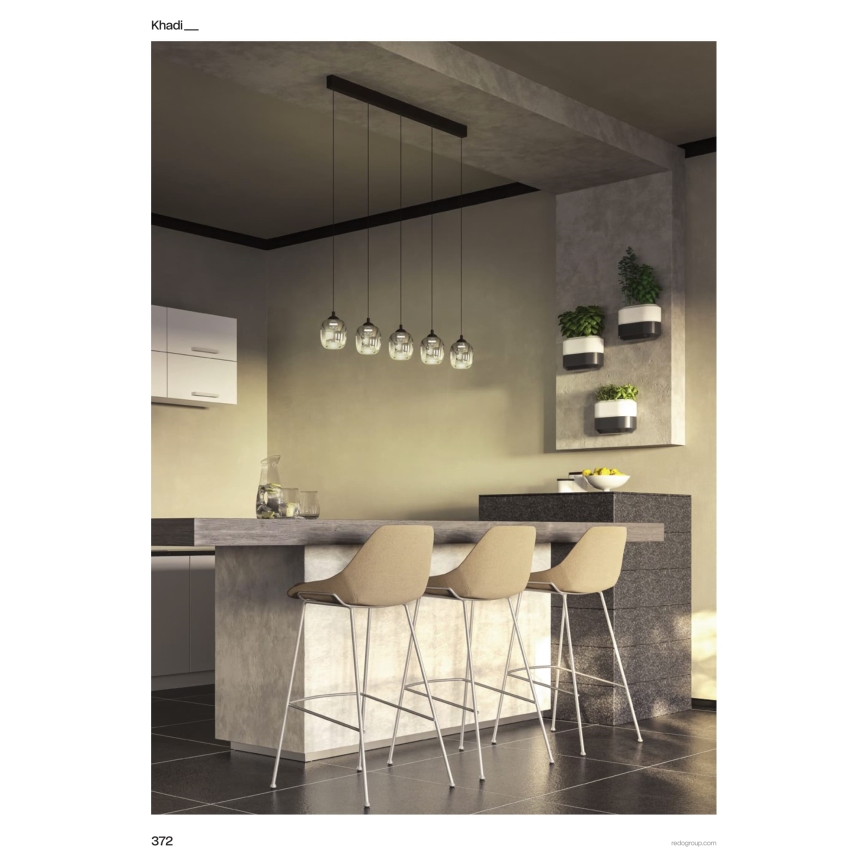 Redo 01-3490 - LED dæmpbar pendel på wire KHADI 5xLED/5,2W/230V CRI 90 sort/røget