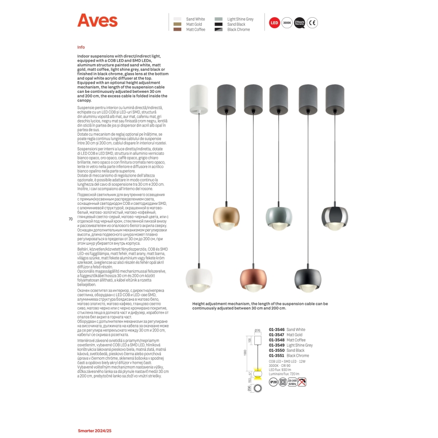 Redo 01-3550 - LED pendel AVES LED/12W/230V diameter 9,6 cm CRI 90 sort