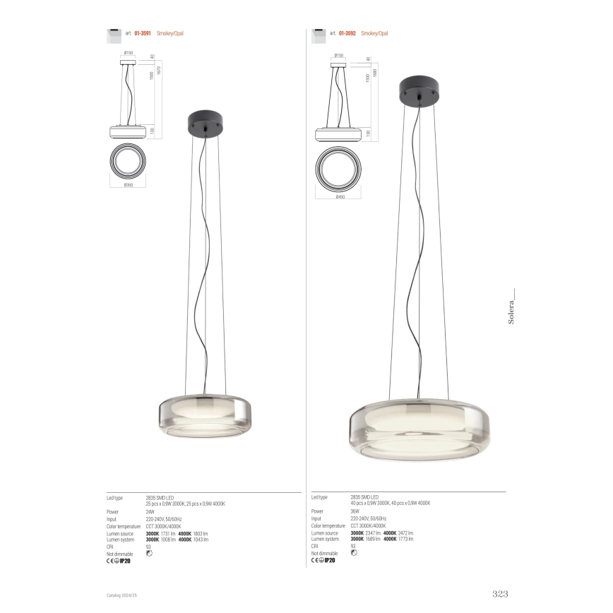 Redo 01-3592 - LED pendel SOLERA LED/36W/230V diameter 45 cm CRI 93 3000/4000K grå