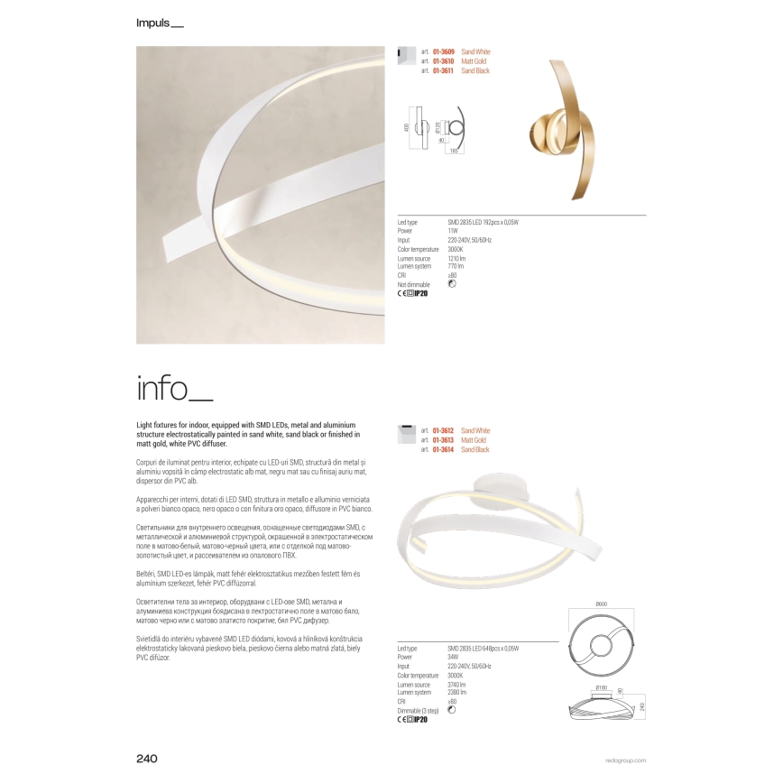 Redo 01-3613 - dæmpbar LED-loftlampe IMPULS, 34 W, 230 V, Ø 60 cm, guld
