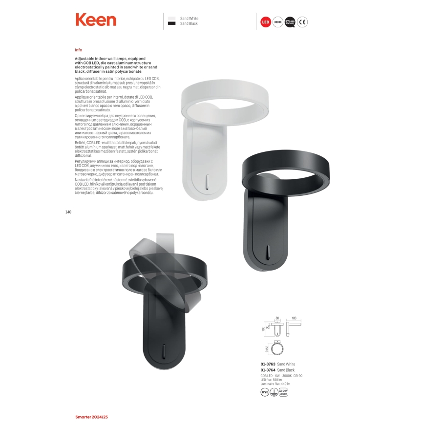 Redo 01-3764 - LED væglampe KEEN LED/6W/230V CRI 90 sort