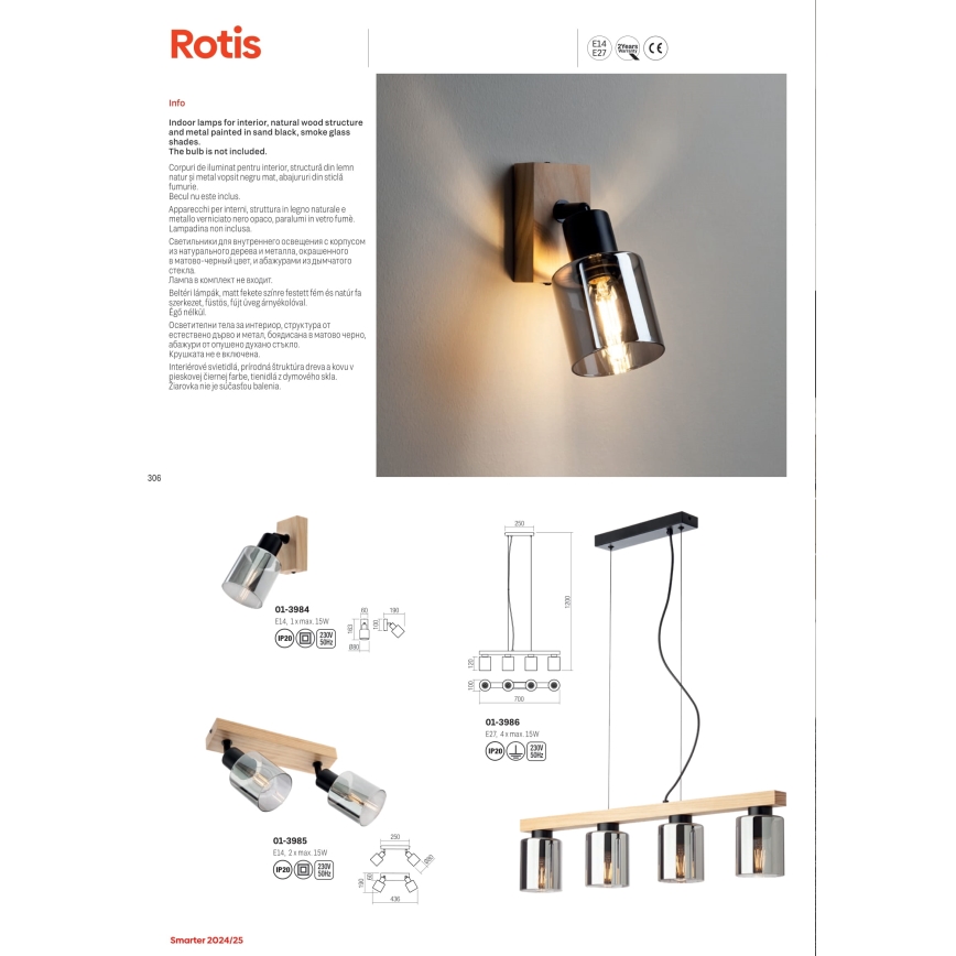 Redo 01-3986 - Pendel ROTIS 4xE27/15W/230V