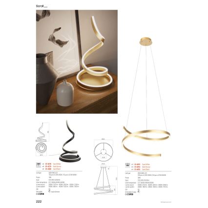 Redo 01-4013 - Dæmpbar LED-pendel på wire SCROLL LED/38W/230V 3000K/4000K/6000K CRI 90 Ø 60 cm hvid