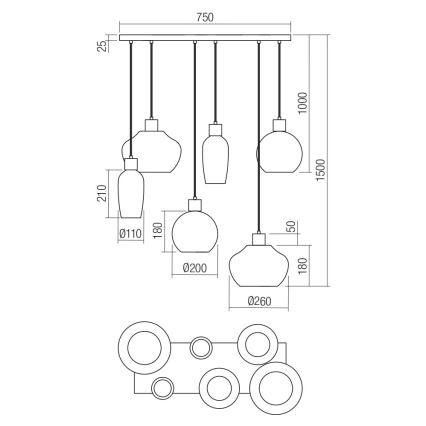 Redo 01-4047 - Pendel ATLANTIS 6xE27/42W/230V sort
