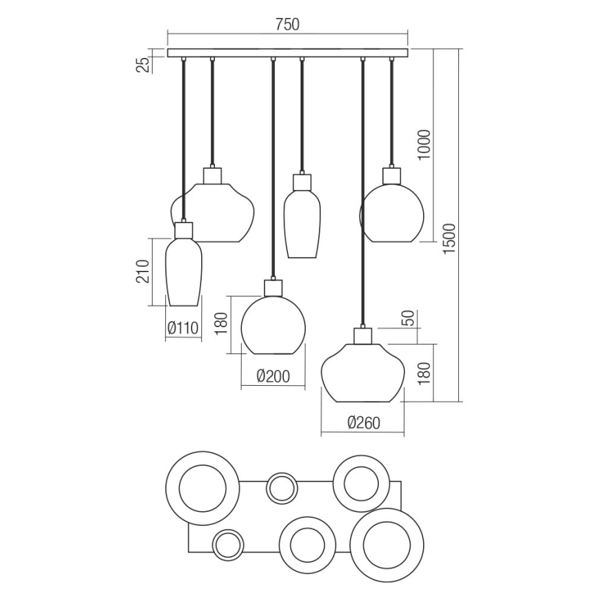 Redo 01-4047 - Pendel ATLANTIS 6xE27/42W/230V sort